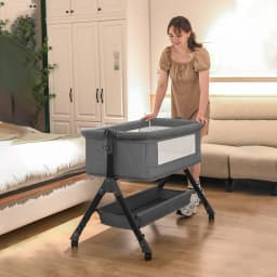 Baby Bassinet Crib Bedside Sleeper Manual Rocking Cradle Foldable Portable Infant Cot with Changing Table Adjustable Height Side Opening Breathable Mesh Storage Basket Lockable Wheels Nursery Bed for Newborn Babies