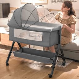 Baby Bassinet Crib Bedside Sleeper Manual Rocking Cradle Foldable Portable Infant Cot with Changing Table Adjustable Height Side Opening Breathable Mesh Storage Basket Lockable Wheels Nursery Bed for Newborn Babies