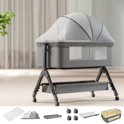 Multifunctional Baby Crib Bedside Bassinet for Newborn 0-12 Months Infant Cot with Foam Mattress Mosquito Net Storage Basket Changing Table Side Opening 3 Height Levels 4 Lockable Swivel Wheels Manual Rocking Iron Tube Frame