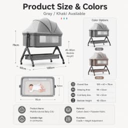 Multifunctional Baby Crib Bedside Bassinet for Newborn 0-12 Months Infant Cot with Foam Mattress Mosquito Net Storage Basket Changing Table Side Opening 3 Height Levels 4 Lockable Swivel Wheels Manual Rocking Iron Tube Frame
