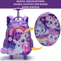 3PCS Kids Travel Bag, Luggage Bag, Bookbag with Wheels, with Lunch Box And Pen Bag, Cartoon Cat Sequin