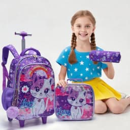 3PCS Kids Travel Bag, Luggage Bag, Bookbag with Wheels, with Lunch Box And Pen Bag, Cartoon Cat Sequin