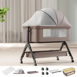 Baby Crib Foldable Portable Non Electric with Adjustable Height and Breathable Mesh Bedside Bassinet Rocking Cradle for Newborn Infant Sleep with Mattress Mosquito Net Wheels Manual Rocking Nursery Bedroom Travel Essential