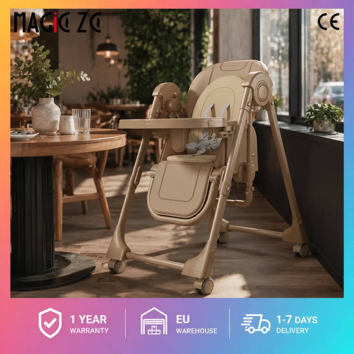 Adjustable Baby High Chair Foldable Infant Dining Seat Removable 2 Tier Split Tray Eating Playing Surface Portable Newborn Rocking Chair Easy Clean Eco Friendly PP Material Feeding