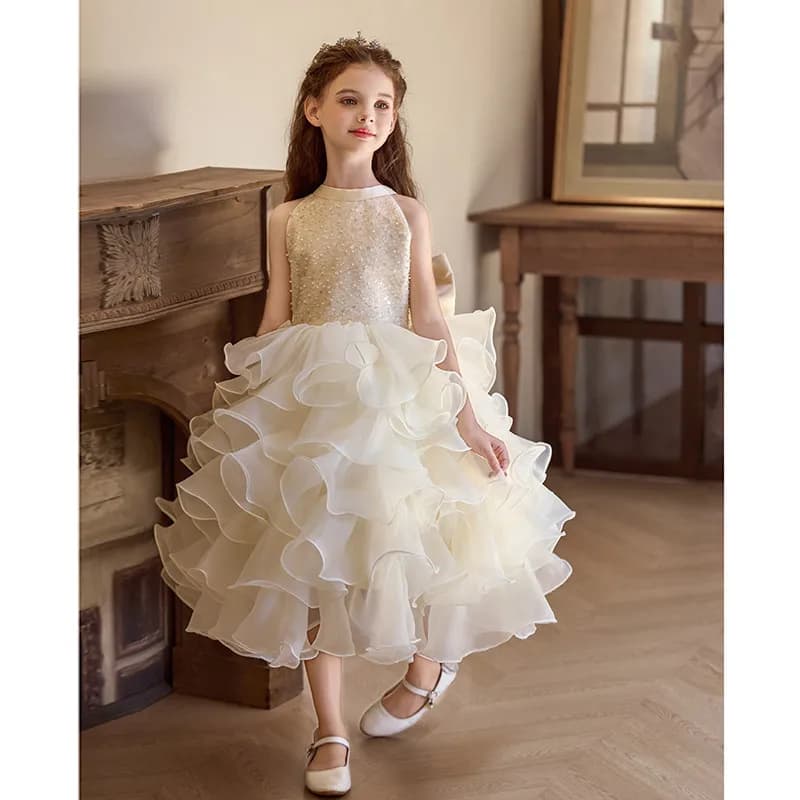 Children Girls Sleeveless Formal Fashion Birthday Party Flower Girl Princess Tutu Champagne Kids Host Piano Performance Costume