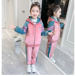 New Winter Keep Warm Girls Clothing Set Padded Lining With Plush Velent Hooded Jacket+Pants 2pcs Suit For 3-12 Years Kids
