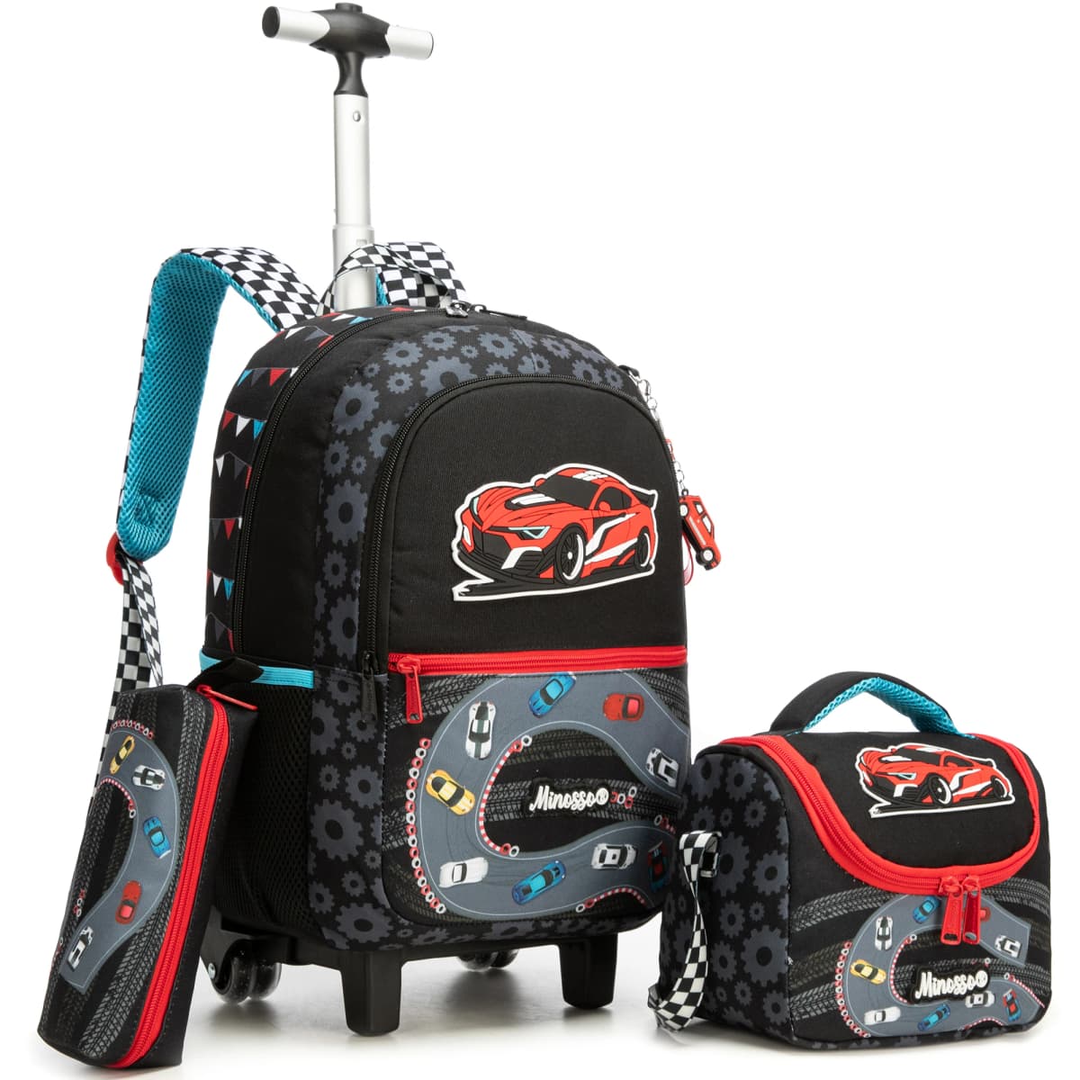 Girls Rolling Backpack with Lunch Box School Backpacks with Wheels 16.5" Roller Backpack for Girls, 3pcs Kids Wheeled Bookbag