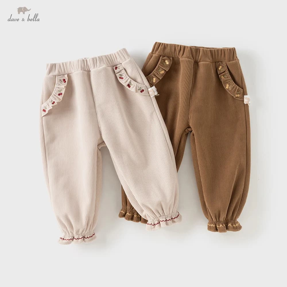 Dave Bella Girls Baby Winter Fashion Casual Pants Loose Comfortable Sweet Cute Embroidery Children's Pants Outdoor DB4253746