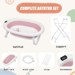 Baby Bathtub for 0-18 Months Baby, Foldable Baby Tub with Ergonomic Bath Seat and Bath Thermometer, Newborn Infant Support Grey/Blue/Pink