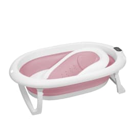 Baby Bathtub for 0-18 Months Baby, Foldable Baby Tub with Ergonomic Bath Seat and Bath Thermometer, Newborn Infant Support Grey/Blue/Pink