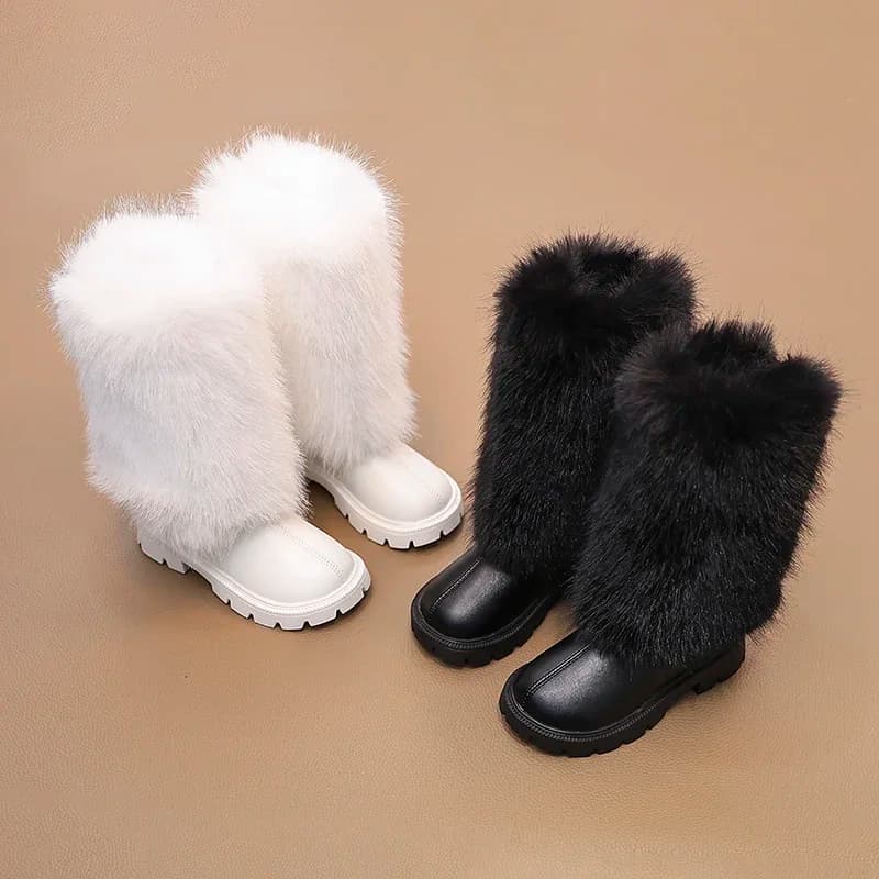 Girls High Boots Children Warm Princess Leather Boots Soft Soled Kids Fashion Long Boots Anti-Slippery All Match 2024 Winter New