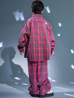 Kids Kpop Streetwear Ballroom Hip Hop Dance Costumes Rose Red Plaid Shirt Elastic Waist Pants Set Boys Jazz Performance Clothes