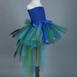 Fluffy Layered Peacock Feathers Clothing for Girls Birthday Halloween Outfit with Long Tail for Kids High Low Princess Dresses