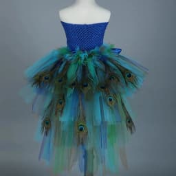 Fluffy Layered Peacock Feathers Clothing for Girls Birthday Halloween Outfit with Long Tail for Kids High Low Princess Dresses