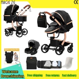 PU Leather Baby Stroller 3 in 1 Newborns Travel Carriage Luxury Compact Foldable Baby Cars Pram with Car Seat Watertight Buggy
