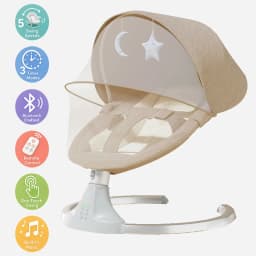 Baby Swing Chair Infant Rocking Seat with 5 Motion Levels 3 Position Adjustable Backrest Sitting Reclining Lie Flat Newborn Soothing Rocker with Canopy Mosquito Net 5 Point Safety Harness Comfortable Baby Bouncer for 0-24 Months
