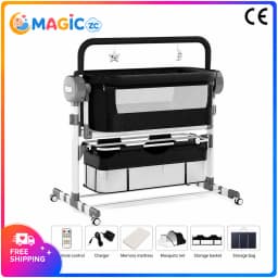 Portable Baby Crib for Newborns 0-12 Months with 4 Swivel PU Quiet Wheels Aluminum Alloy Frame 6cm Adjustable Height Electric Rocking 5 Swing Speeds 3 Timers Bluetooth Music Remote Control Mosquito Net Mattress Storage Basket