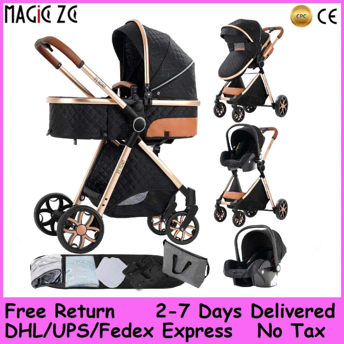 Luxury High Landscape Baby Stroller 3 in 1 Combo - Reversible Push Lightweight Infant Pushchair, All Season Convertible Bassinet Stroller with 6 Free Gifts, 5-Point Safety Harness, 4-Wheel Brakes for Newborns Toddlers 0-48M