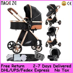 Luxury High Landscape Baby Stroller 3 in 1 Combo - Reversible Push Lightweight Infant Pushchair, All Season Convertible Bassinet Stroller with 6 Free Gifts, 5-Point Safety Harness, 4-Wheel Brakes for Newborns Toddlers 0-48M