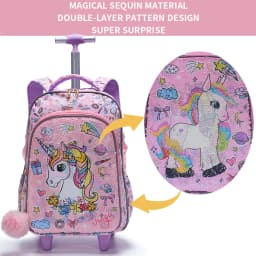 3PCS Rolling Backpack For Girls, Kids Wheeled School BookBag With Handbag And Pen Bag, Pink Unicorn Pattern Cute Sequin Material, Nighttime Reflective