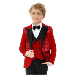 Christmas Boys Slim Fit Suis 4 Pieces Jacket Vest Pants Bow-tie Exquisite Red Beaded Suit Set Birthday Party Outfit 3-14T