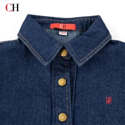 CH Boys Subtle Letter Detail Embroidery Point Collar Snap Fasteners Long Sleeve Denim Shirt Retro Daily Wear