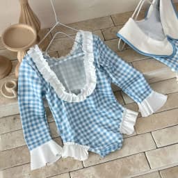 2026 Summer Toddlers Girls Plaid One-piece Swimwear Long Sleeve Sun-proof Beach Bikini Backless Ruffles Kids Swimsuit