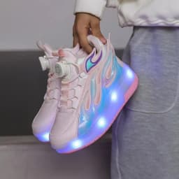 Rotating button Girls' sneakers 2024 New kids leather top Rampage lace Light skates Student Breathable Flame roller skates