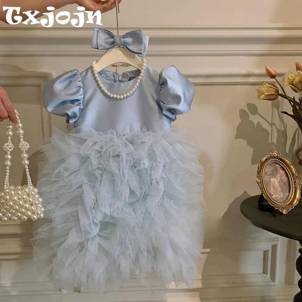 Puffy Ruffled Tulle Kids Princess Gown Birthday Party Wear 80-160cm High Quality Sweet Cute Girls Dresses For Stage Performance