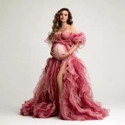 Elegant Maternity Dress Rose Tulle Off-Shoulder Ruffled Sleeve Maternity Dress with High Slit Pregnant Photo Session YW2603062D