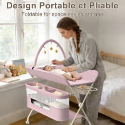 Folding and Mobile baby changing Table with casters and waterproof mattress, adjustable height, large Storage space, Stable Structure, up to 15 kg-gray/green/pink/cream