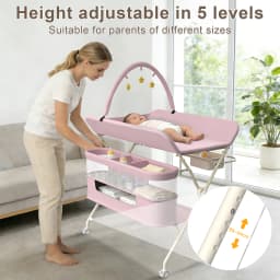 Folding and Mobile baby changing Table with casters and waterproof mattress, adjustable height, large Storage space, Stable Structure, up to 15 kg-gray/green/pink/cream