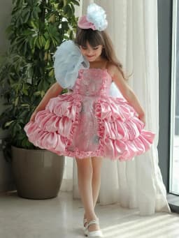 lolita princess dress for girls, summer bow, pink puffy cake dress for children, model fashion show and performance clothing