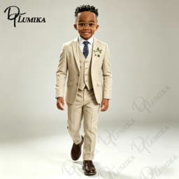 Elegant Beige Linen Boys Suit 3 PCS Set Blue Floral Tie Premium Formal Tuxedo for Wedding Ring Bearer Summer Special Occasions