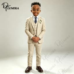 Elegant Beige Linen Boys Suit 3 PCS Set Blue Floral Tie Premium Formal Tuxedo for Wedding Ring Bearer Summer Special Occasions