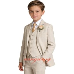 Boys Linen Suit Formal 3 Piece Jacket Vest Pants Toddler Tuxedo for Summer Beach Wedding Outfit Slim Fit Kids Suits
