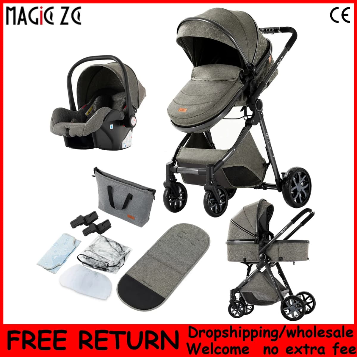 Premium High View Reversible Baby Stroller 3 in 1 Combo - Bidirectional Infant Pushchair, Stepless Reclining Sitting & Lying Bassinet, One-Hand Foldable Travel System Carriage with 6 Gifts & 5-Point Harness for 0-4 Years