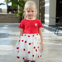 Dave Bella Children's Dress Summer New Girls Baby Gentle Cute Love Embroidery Red Mesh Princess Dress Party Outdoor DB2252324