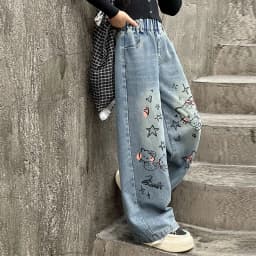 autumn junior girls cartoon wide leg jeans teenage kids towel embroidered cat denim pants Fashion child trousers 4 6 8 10 12 14