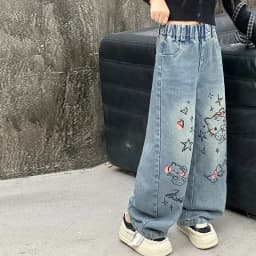autumn junior girls cartoon wide leg jeans teenage kids towel embroidered cat denim pants Fashion child trousers 4 6 8 10 12 14