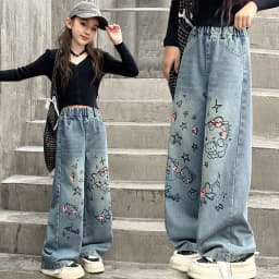 autumn junior girls cartoon wide leg jeans teenage kids towel embroidered cat denim pants Fashion child trousers 4 6 8 10 12 14