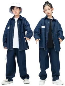 Children Boys Girls Streetwear Hiphop Loose Casual Denim Shirt Jeans Sets Teen Kids Coat Pant Track Suits Stage Clothing Costume