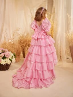 Hot Sale Pink Bow Tiered Hi-lo Long Girls Dresses Dancing Wear Stunning Puff Sleeve Kids Princess Gown School Daily Life Outfit