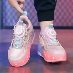 Kids Girls LED Light Up Roller Shoes 2 Retractable Wheels Angel Wings Heart Rotary Buckle Skate Sneakers