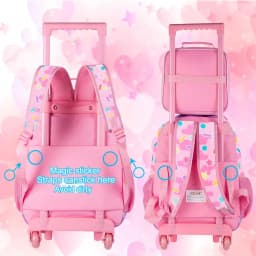 3Pcs Rainbow Heart Kids Rolling Backpack Set Girls Trolley School Bag with Lunch Bag & Pencil Case
