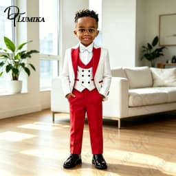 Elegant Jacquard Boys 4Pcs Suit Set 2026 Red Lapel Blazer Waistcoat Pants Bowtie Formal Outfit For Toddler Kids Wedding Prom