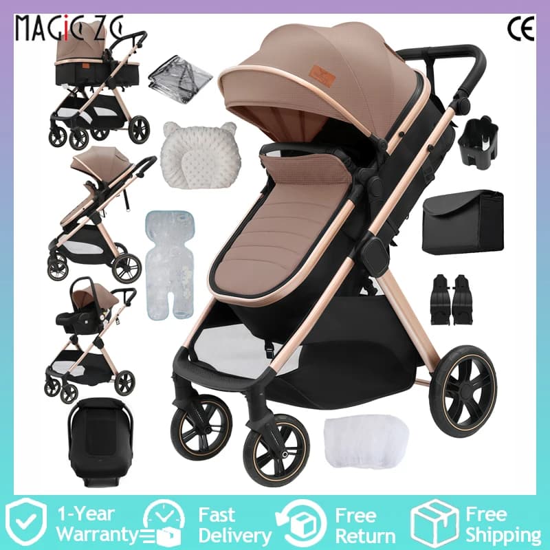3 in 1 Baby Stroller Pram Pushchair Travel System High Landscape Lightweight Foldable Aluminum Frame Reversible Seat Multi Position Recline Shock Absorbing Wheels UV Protection Canopy Large Storage Basket for Newborn Infant