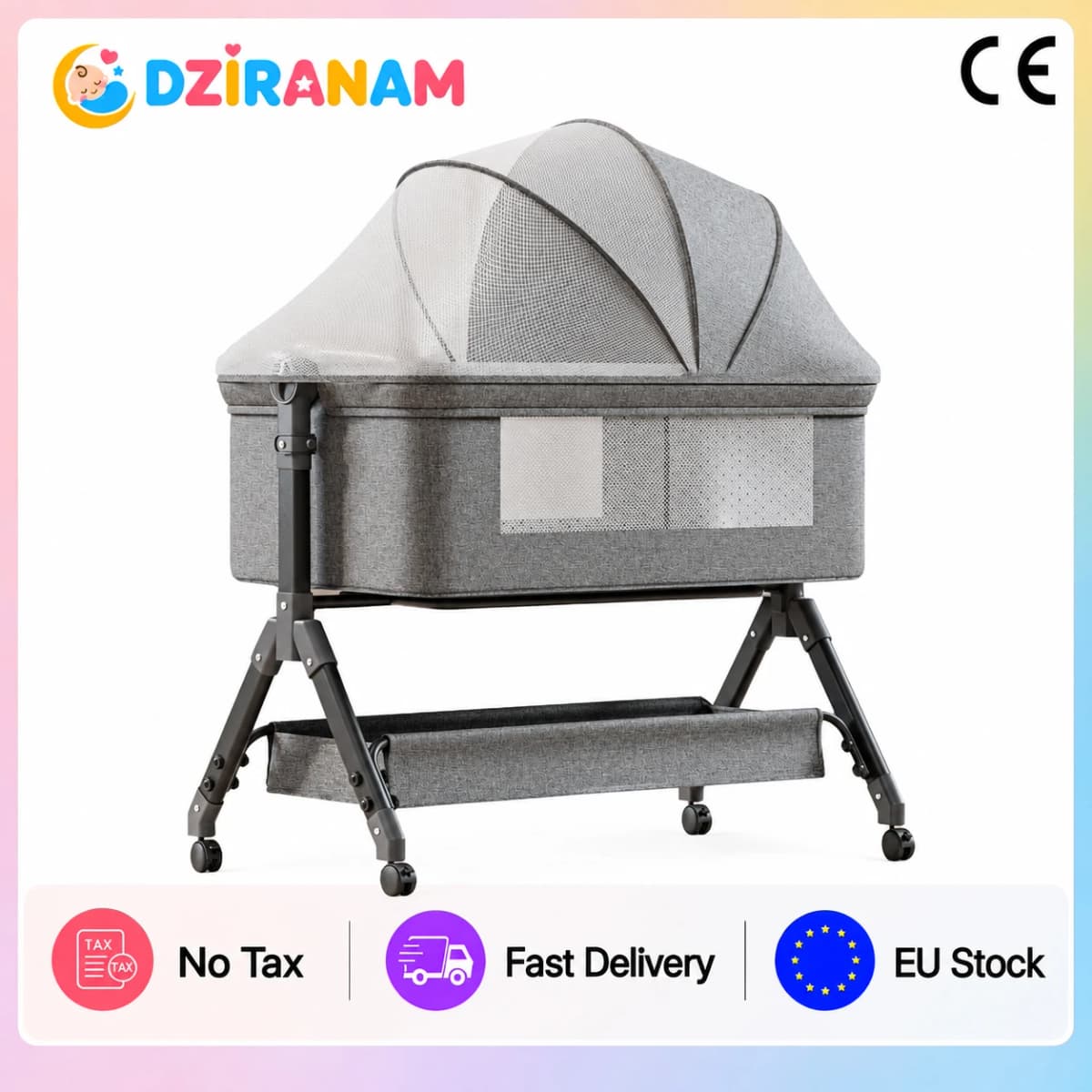 Portable Baby Travel Crib Foldable Rocking Bassinet with Mattress Mosquito Net Lightweight Compact Design Breathable Mesh Storage Basket 360 Degree Locking Wheels Height Adjustable for Newborn Infant Nursery Bedroom and Trips