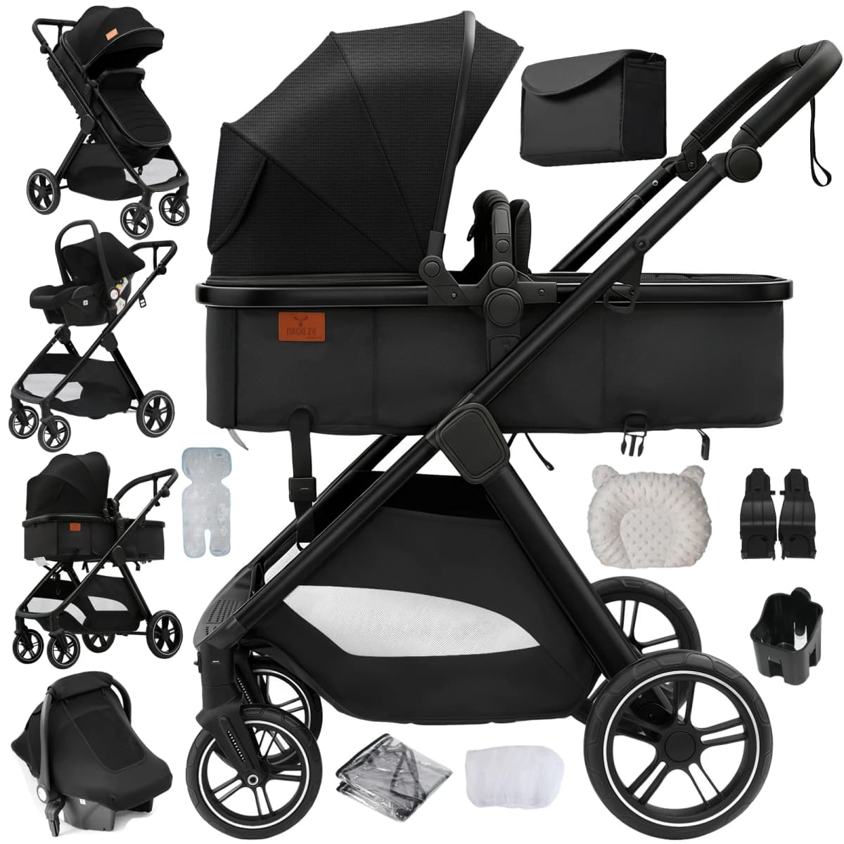 3 in 1 Lightweight Baby Stroller Travel System Slim Design Foldable Pushchair Infant Safety Car Seat Combo Portable Bassinet High Landscape Pram with Leather Handle Large Storage Basket Full Accessories Set for Newborns