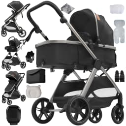 3 in 1 Lightweight Baby Stroller Travel System Slim Design Foldable Pushchair Infant Safety Car Seat Combo Portable Bassinet High Landscape Pram with Leather Handle Large Storage Basket Full Accessories Set for Newborns